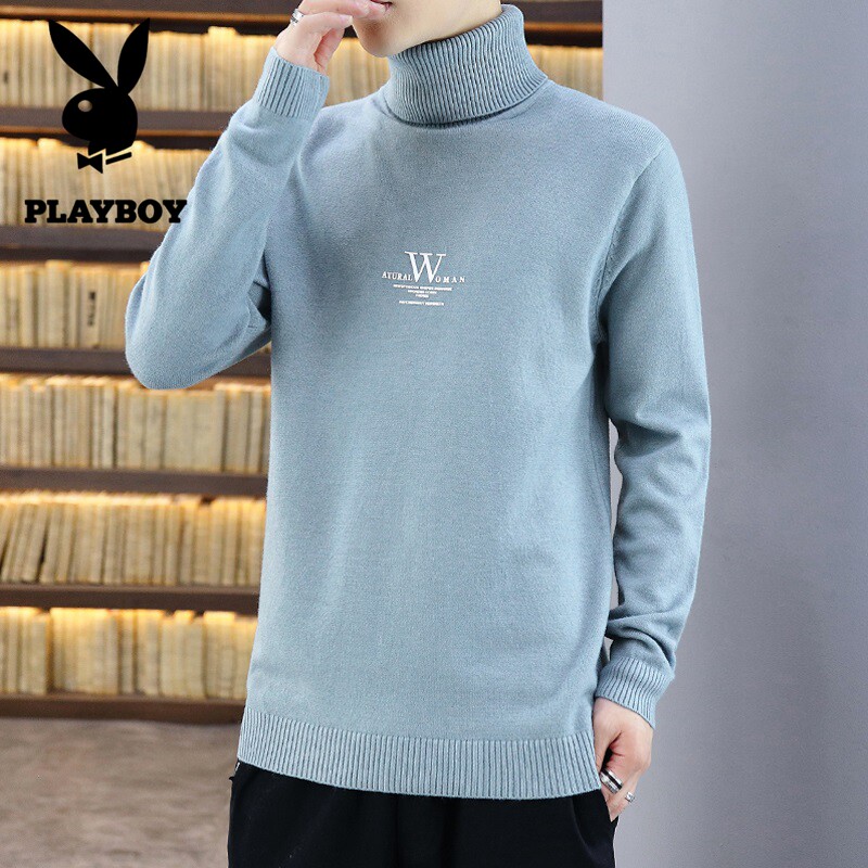 Playboy turtle neck men's knitted base slim autumn and winter plus velvet thickened Korean version of warm sanitary clothing