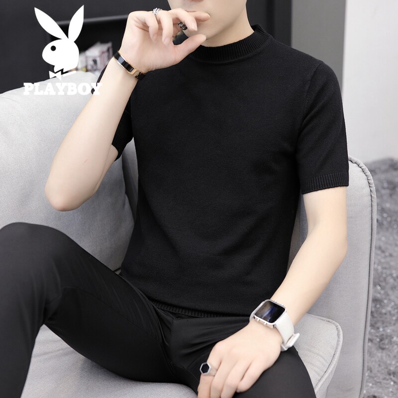 Playboy 2019 autumn new short sleeve sweater men's thin sweater trend half sleeve semi high collar sanitary clothes