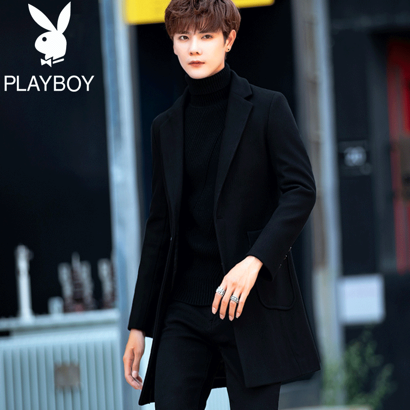 Playboy windbreaker men Long Version 2018 winter New Korean slim thick coat men's woolen coat