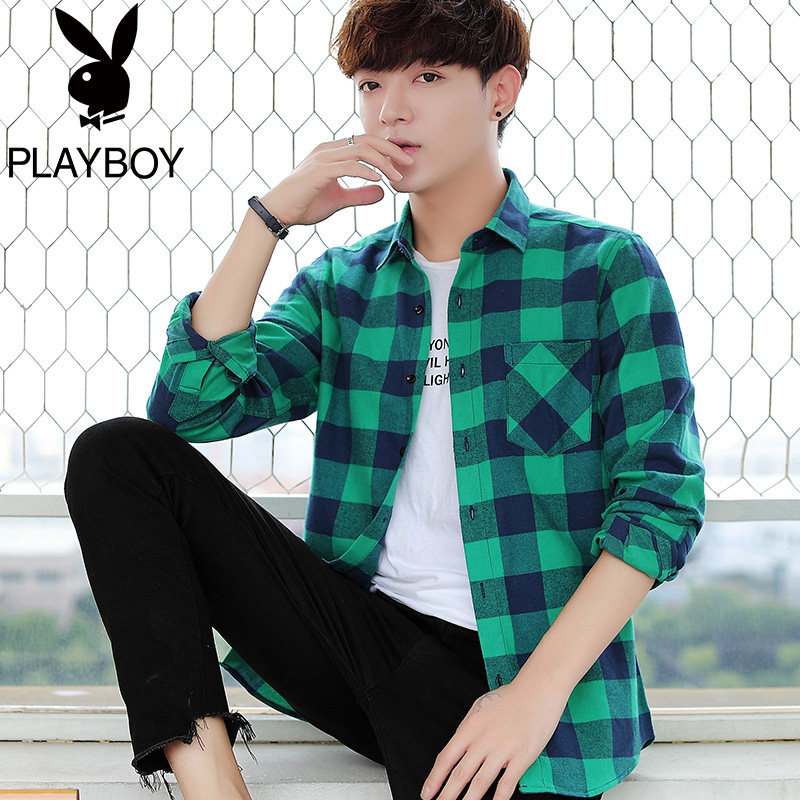 Playboy plaid shirt men's autumn Korean version men's long-sleeved shirt student handsome brand men's jacket trend