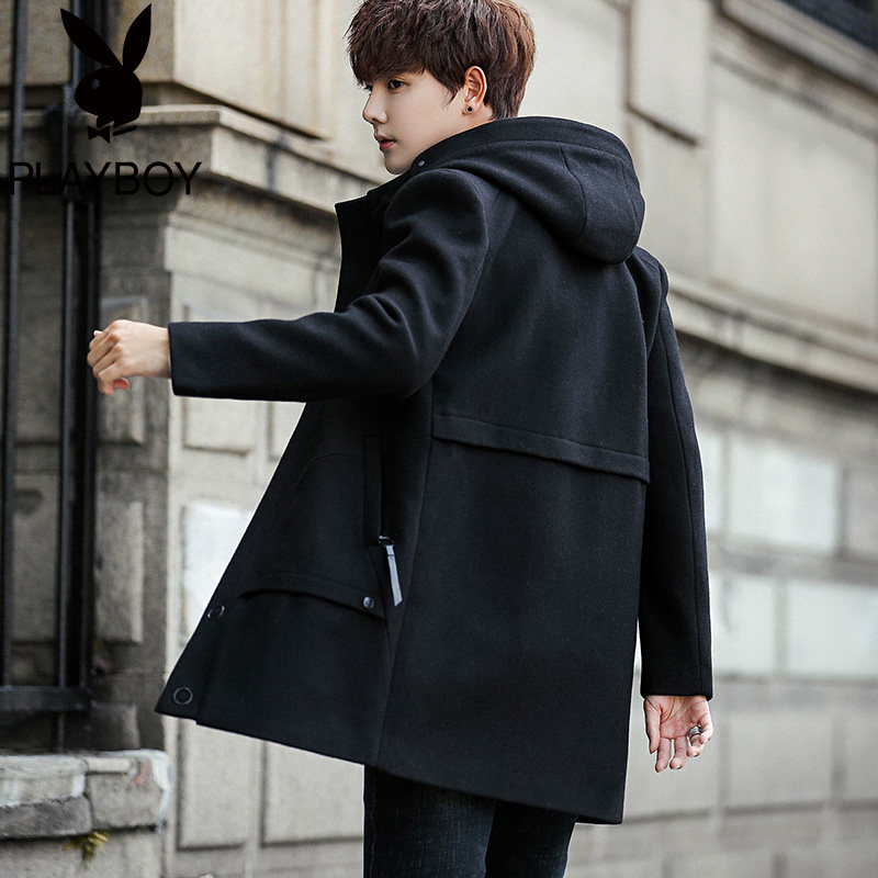 Playboy brand trench coat men's long Version 2018 winter hooded thick woolen coat men's wool coat