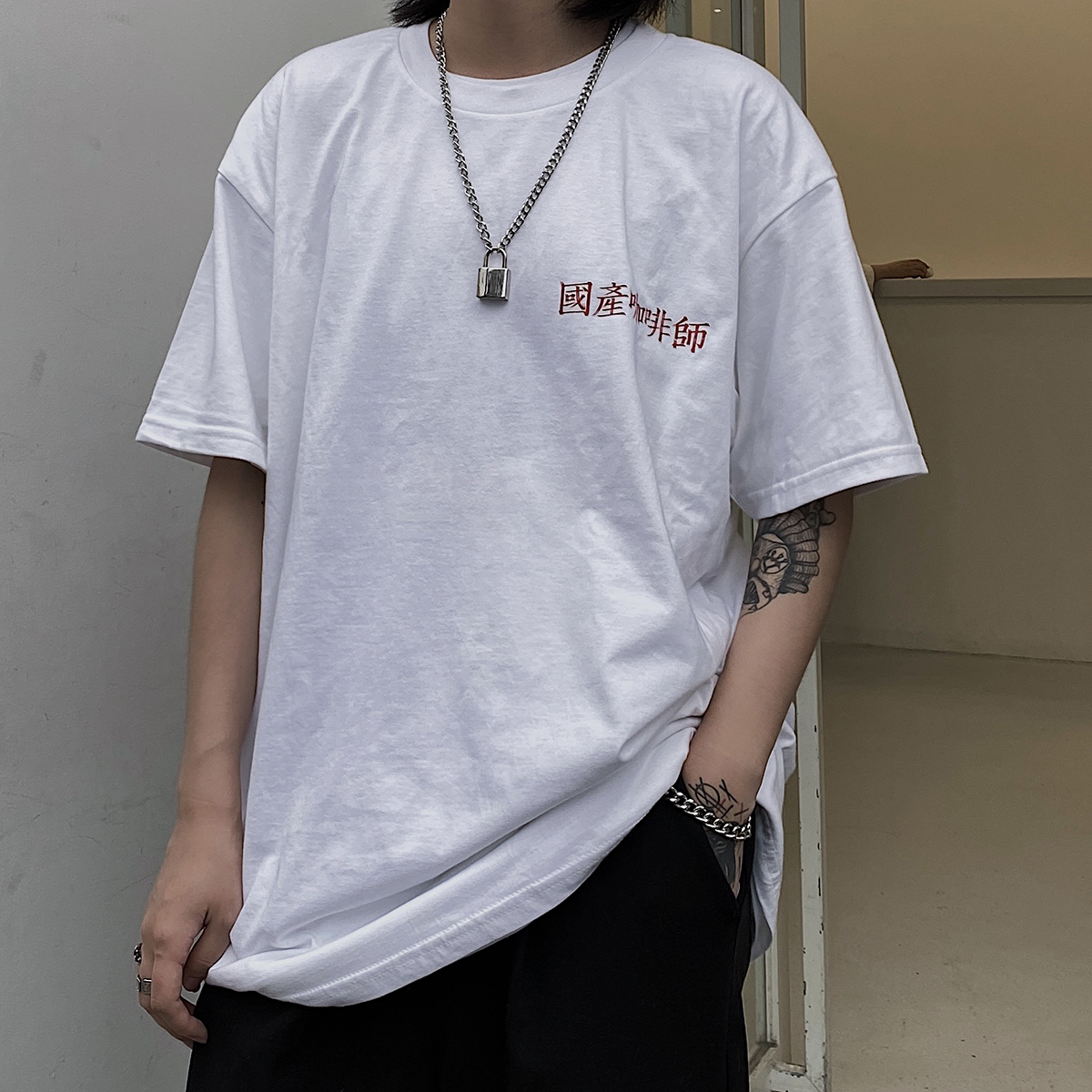 Brown fish domestic barista cotton t-shirt summer short-sleeved but bottoming shirt coffee surrounding half-sleeved tee