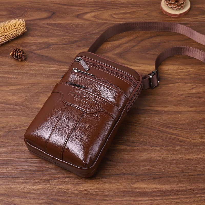 Large-Screen Multi-Layer Mobile Phone Bag, Men's Small Bag, Mini Crossbody Bag, 7inch Waist Bag, Cowhide Multi-Functional Genuine Leather Small Shoulder Bag