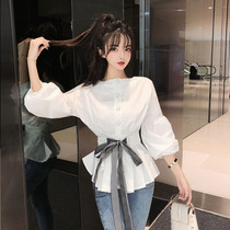 Bow shirt Womens Spring and Autumn New style lantern sleeve jacket fashion ribbon temperament V-collar long sleeve white shirt