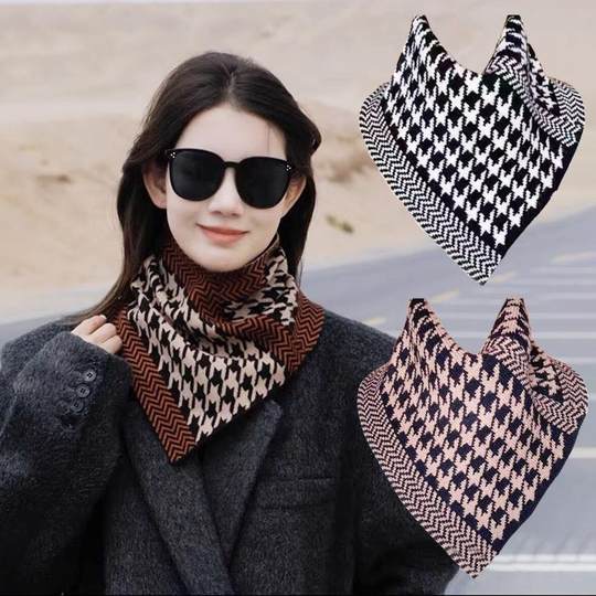 三角围巾围脖时尚千鸟格脖套三角巾头围脖保暖防风防寒护颈套