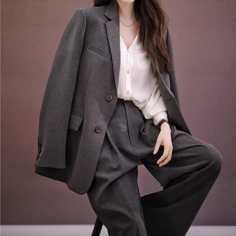 Элитный костюм женский костюм 2025 весна и осень новый корейский стиль темперамент был тонким серым костюмом, широкими брюками, костюмом-двойкой
