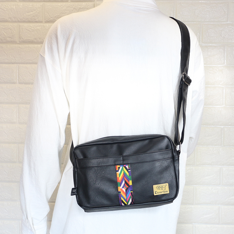 Tide brand men's messenger bag Korean fashion small satchel striped shoulder bag soft leather male and female students casual small backpack