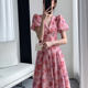 French Hepburn style design puff sleeve V-neck dress women's large size cover belly small floral chiffon shirt 200 catties