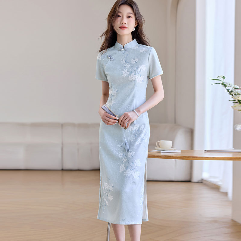 Young Style New Chinese-Style Improved Light Blue Silk Cheongsam Dress 2026 Summer New Hangzhou Mulberry Silk Dress