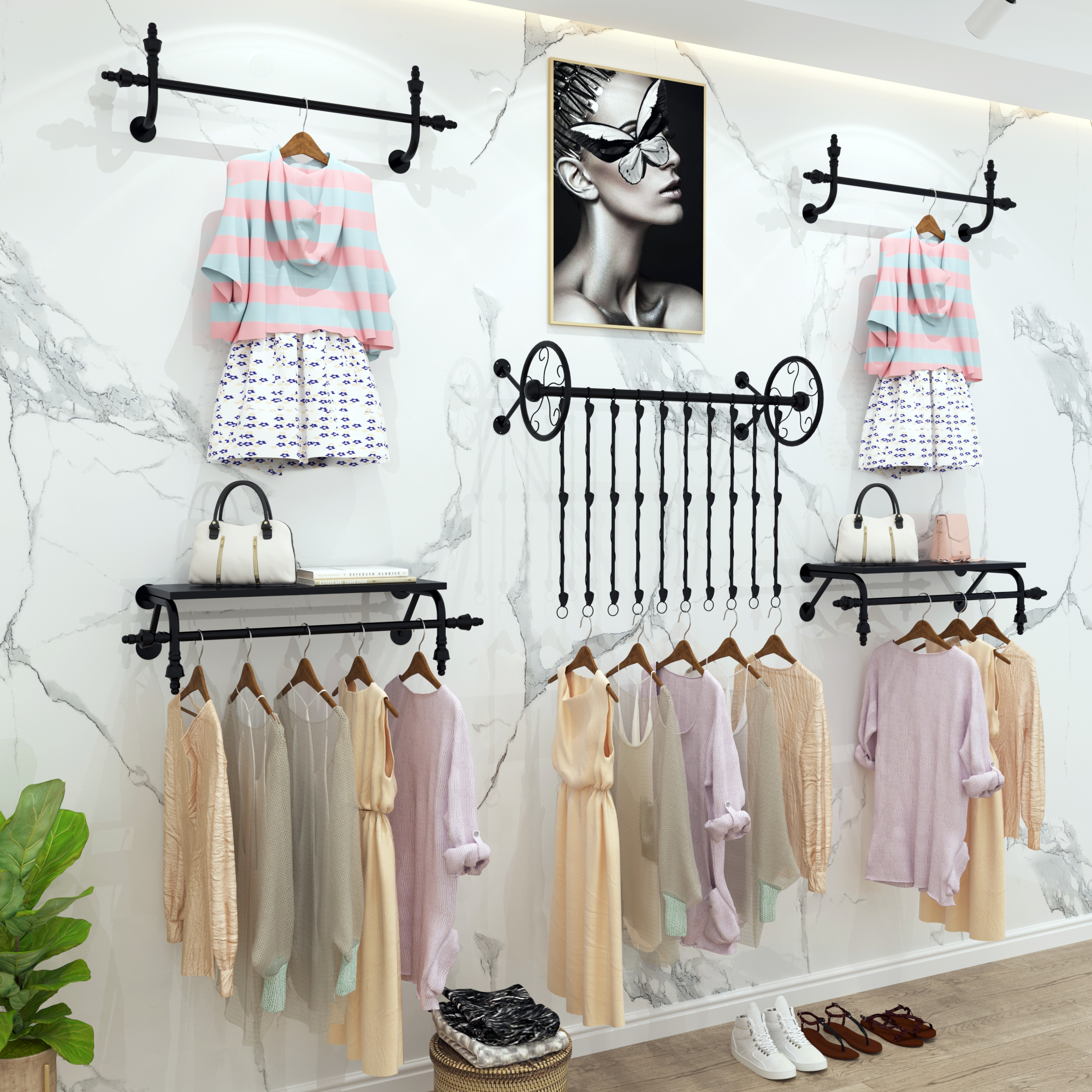 Iron clothing rack clothing store hanger display rack on the wall hanger men's and women's clothing children's clothing is side-hanging display shelves