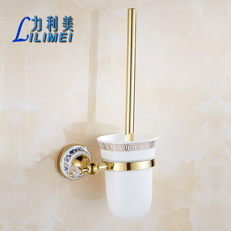 Non Suction Cup Stiletto Toilet Brush Cup Rack Green Flower porcelain European style golden brush holder Nail Free Bathroom Pendant Suit