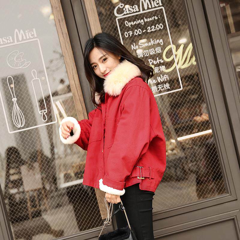 Denim Lamb Wool Jacket Winter Cotton Clothing Oversize Female Tide Short ins Short and small Lambs Cashmere Cotton Cloves