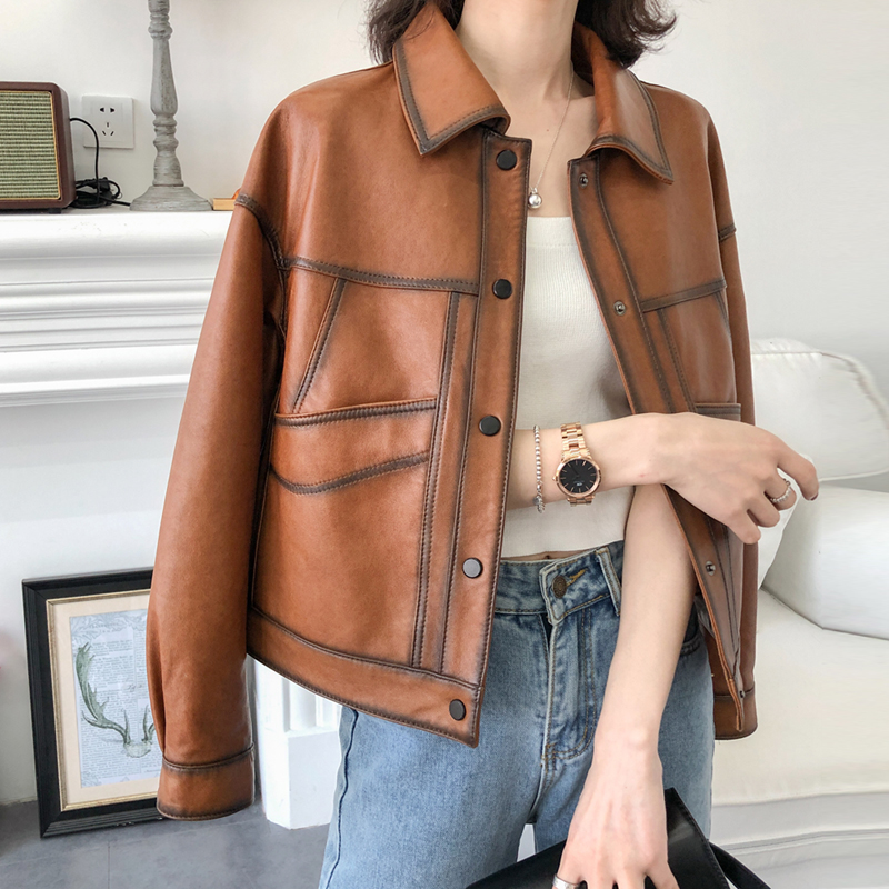 Genuine Leather Leather Clothing Woman Short LOCOMOTIVE LEATHER JACKET SHEEP LEATHER OGOODS SMALL COAT 2022 SPRING NEW HENNING LEATHER CLOTHING