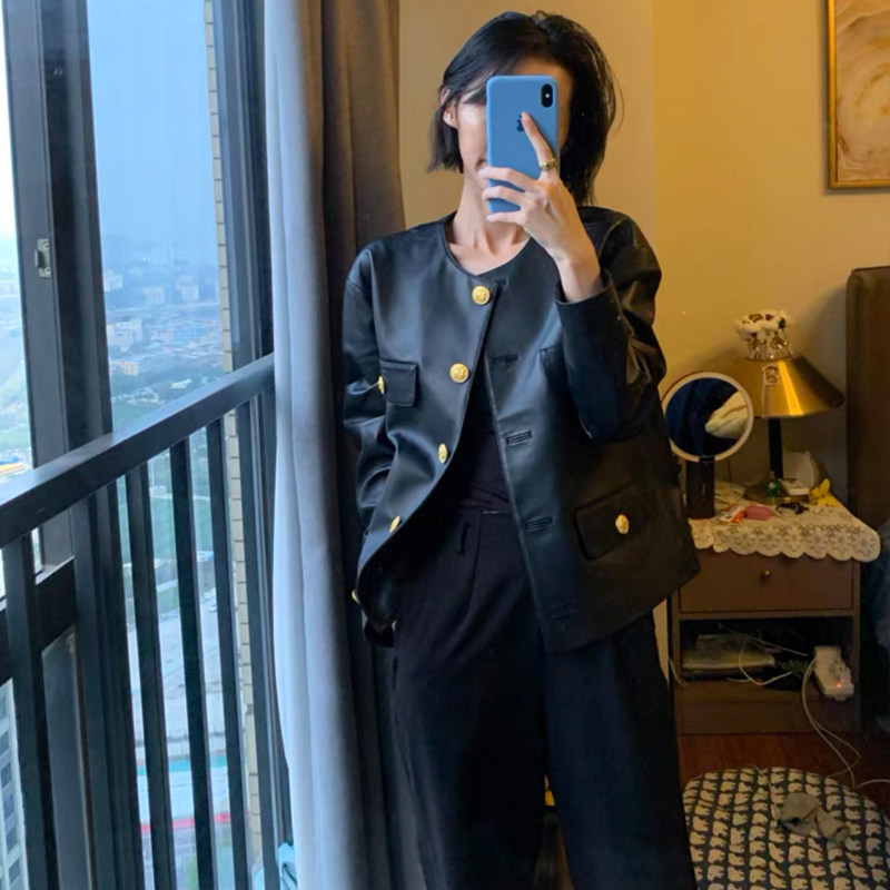 Imported Sheep Leather Leather Leather Clothing Jacket Woman Round Collar Retro Gold Buckle Small Fragrant Wind Short leather jacket 2021 new