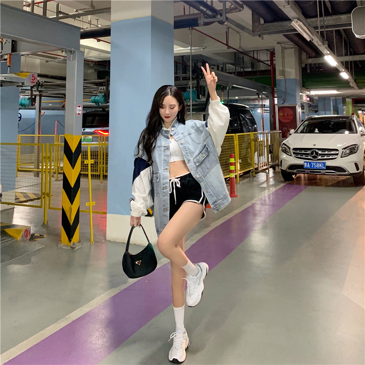 VK旗艦店 韓國風設計感撞色寬鬆BF拼接復古牛仔單品外套