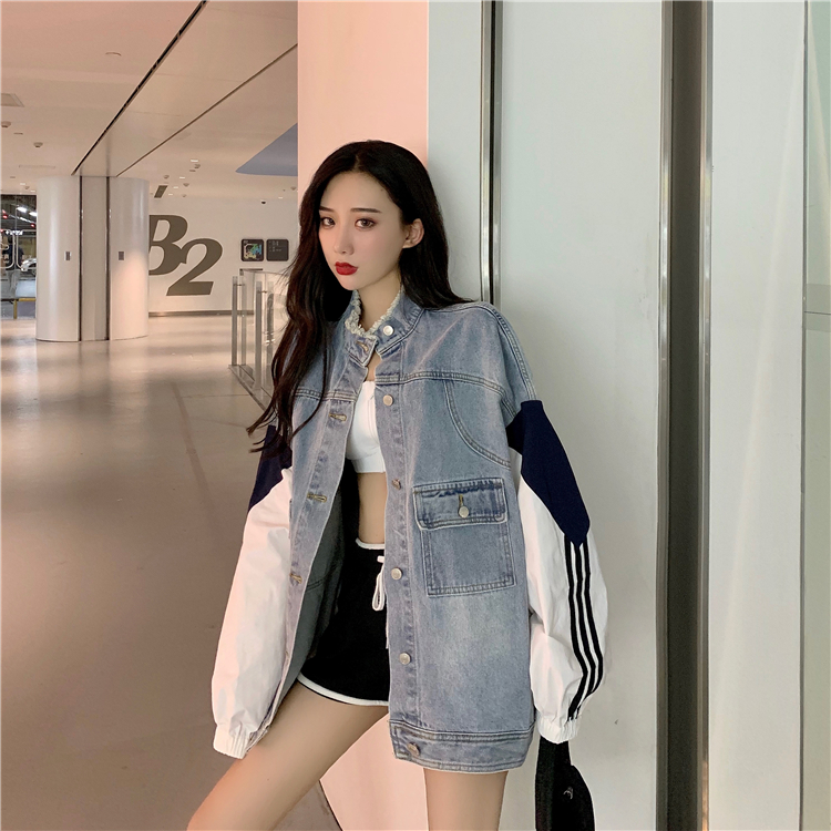 VK旗艦店 韓國風設計感撞色寬鬆BF拼接復古牛仔單品外套