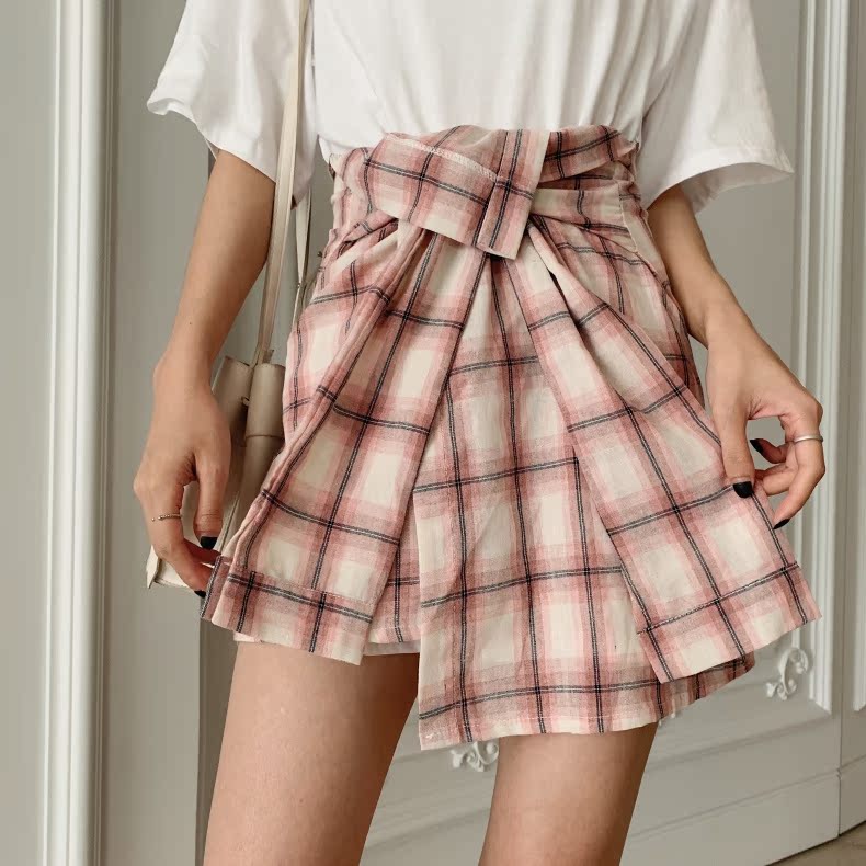 VK旗艦店 韓國風字母T格子披肩套裝短袖裙裝