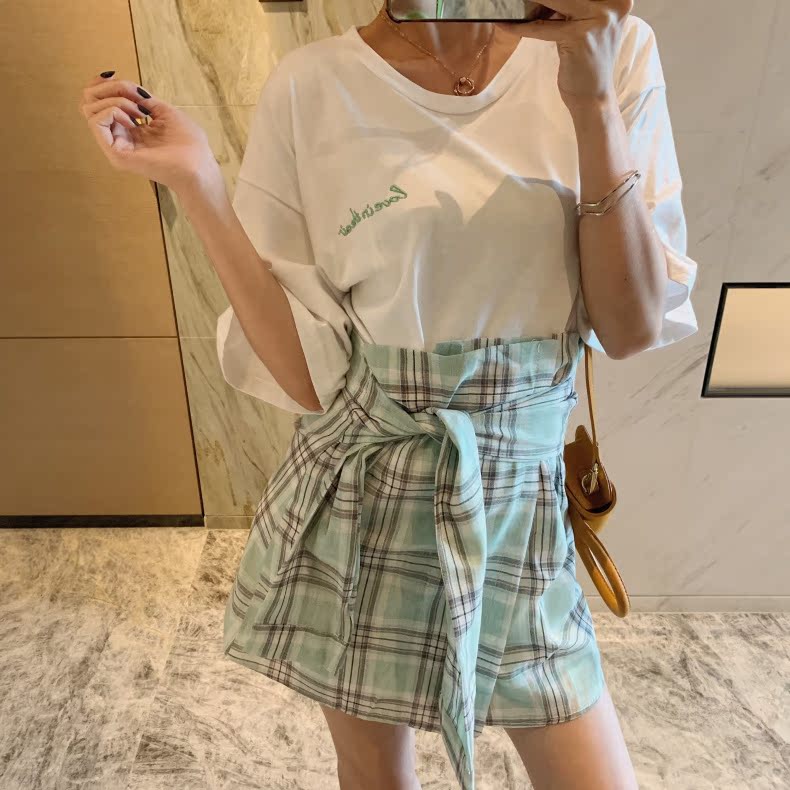VK旗艦店 韓國風字母T格子披肩套裝短袖裙裝