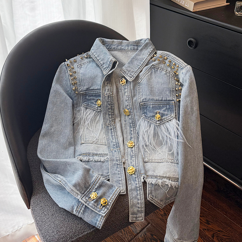 Heavy Metal Rivet-Studded Feather Denim Jacket for Women, 2025 Autumn New Versatile Slim-Fit Short Jacket Top
