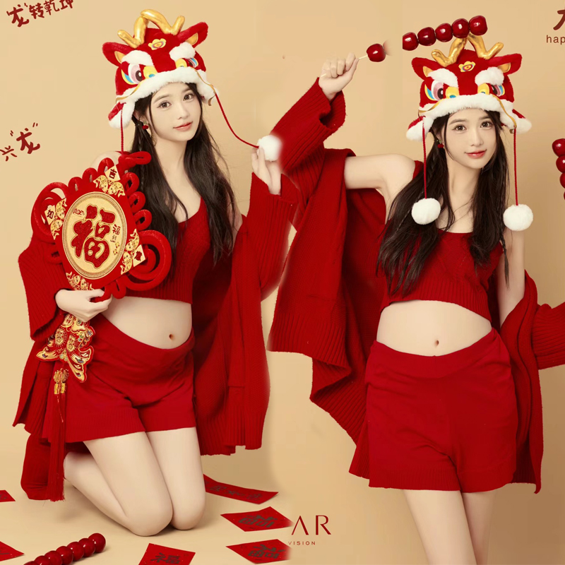 New Year's photography Great red movie Pregnant Woman Photo Costumes Christmas Themed Wind Cute Knit At Home Photo Clothes-Taobao