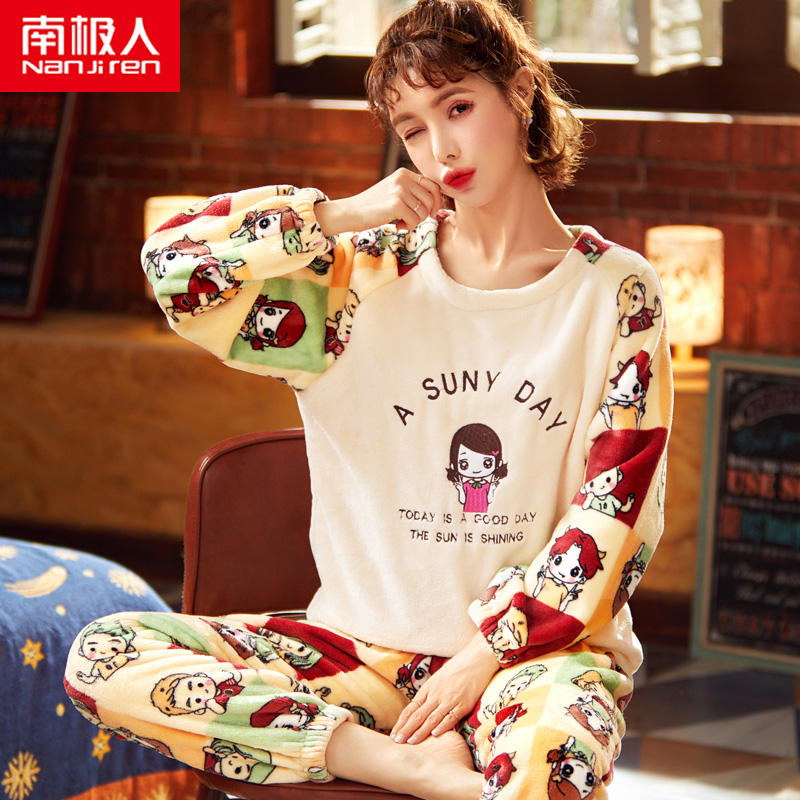 Antarctic women's pajamas winter flannel plus velvet thickened to keep warm Korean version of long-sleeved home clothing coral fleece suit