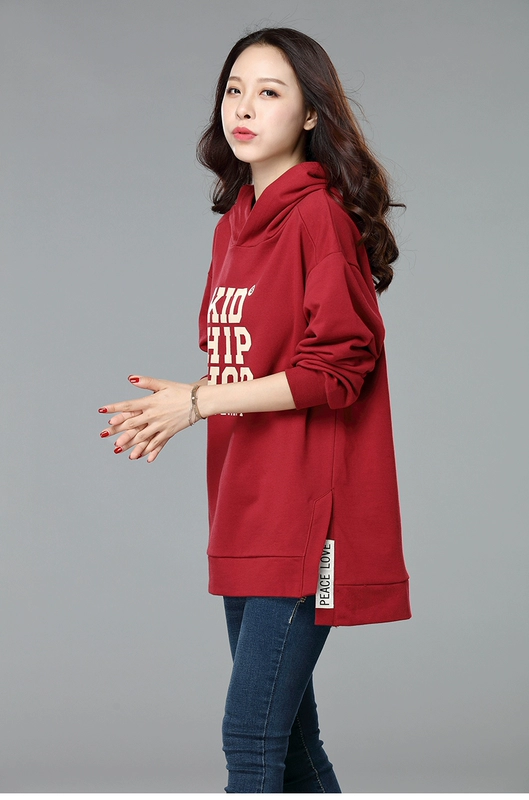 Áo len nữ size lớn mm2019 mùa thu mới 200 pounds áo len trùm đầu dài giữa áo khoác nữ Hàn Quốc - Áo len