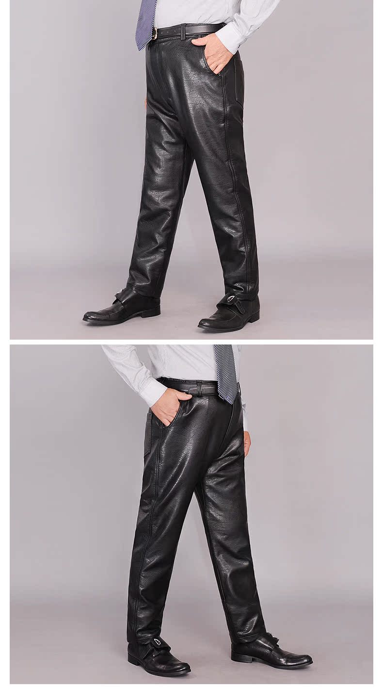 Quần da nam trung niên cộng với quần nhung dày cha già quần ấm cha tải quần cotton PU quần nam mùa đông quần nam