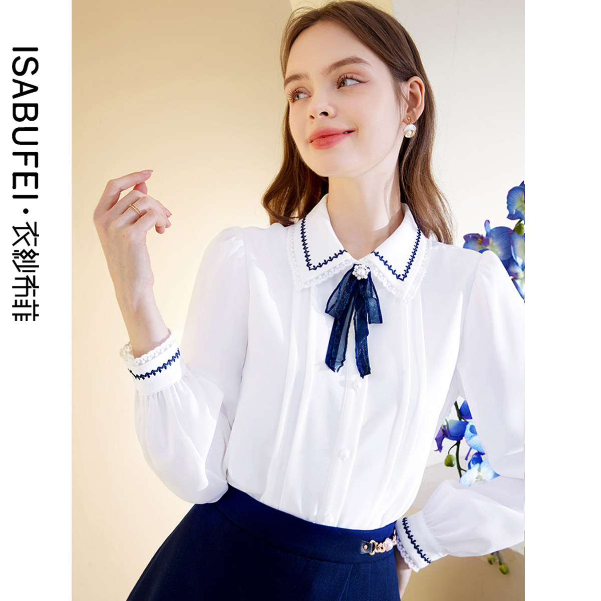 Clothes gauze Filipino painting rose OL wind pressure pleated white shirt women's early autumn new 2022 bow embroidered shirt