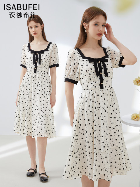 [Silk Ling]Vintage Chiffon Dress with Gauze Fabric, Summer Dress for Women, Bow Tie Waist, Gentle Floral Dress