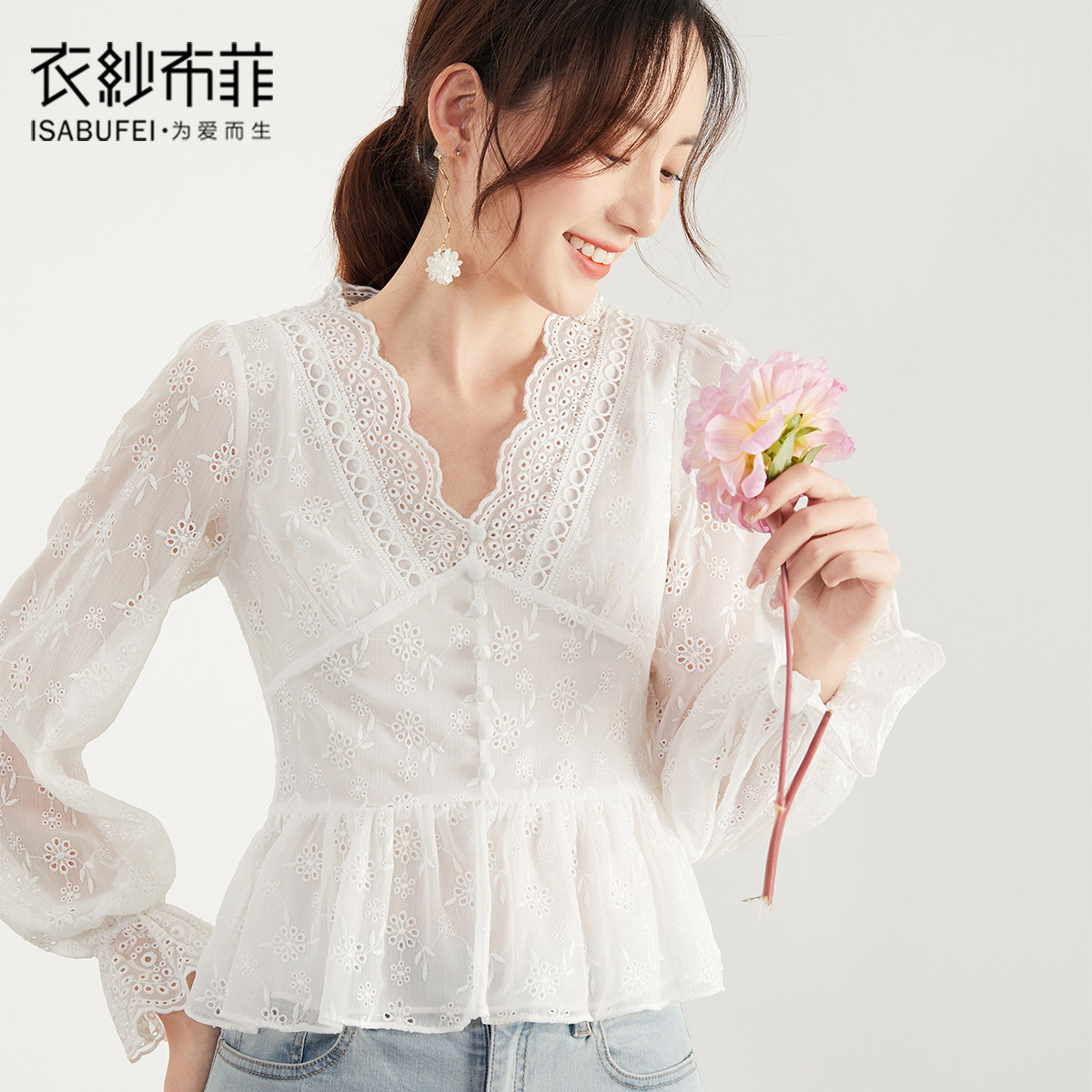 Soft and sweet Spring and Autumn new fairy tops women's white court wind chiffon shirt V-neck shirt foreign gas small shirt