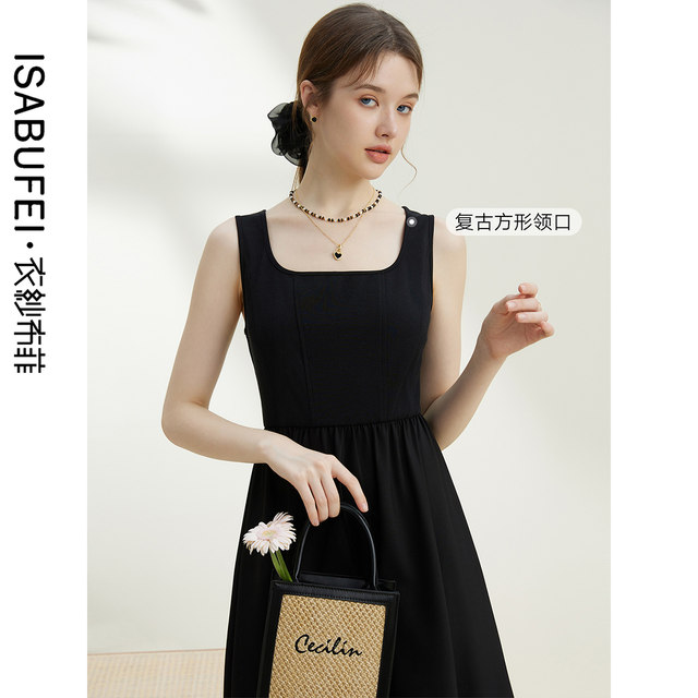 Yisha Buffy dress chiffon suspender tone ອົບອຸ່ນ 2024 ໃຫມ່ຂອງແມ່ຍິງພາກຮຽນ spring Hepburn ແບບ a-line ຍາວພຽງເລັກນ້ອຍສີດໍາ dress