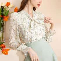Green Yan Green Floral Chiffon Womens Spring 2022 New Ruffled Bow Shirt Long Sleeve Shirt