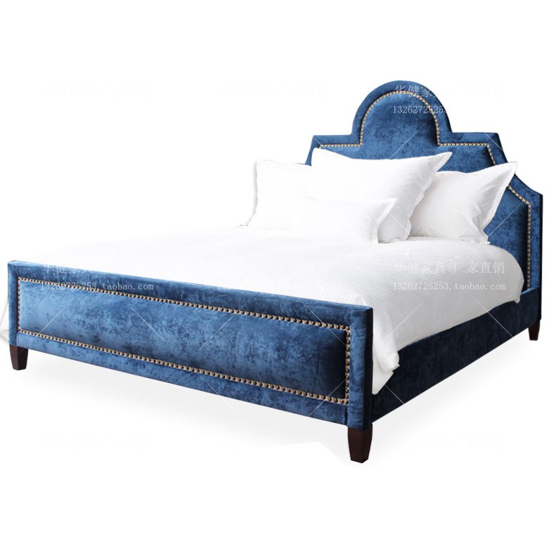 American countryside double bed bedroom 1 8 wedding bed Italian suede dark blue cloth art soft bag square bed rivet process