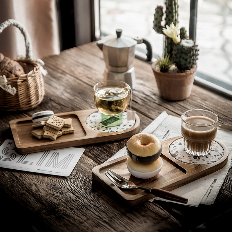 Japanese-style unpainted acacia wood tray solid wood dinner plate afternoon tea snack plate one person food patted bread plate with coaster