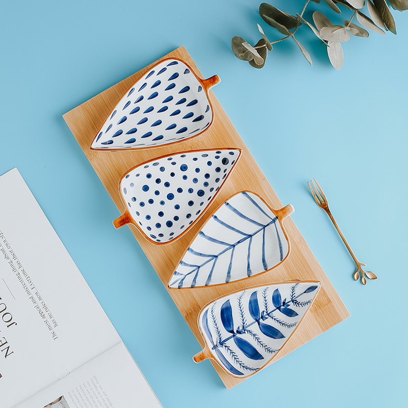 Creative leaf-shaped ceramic dish breakfast dish dessert dish snack dip snack dish wooden tray combination set