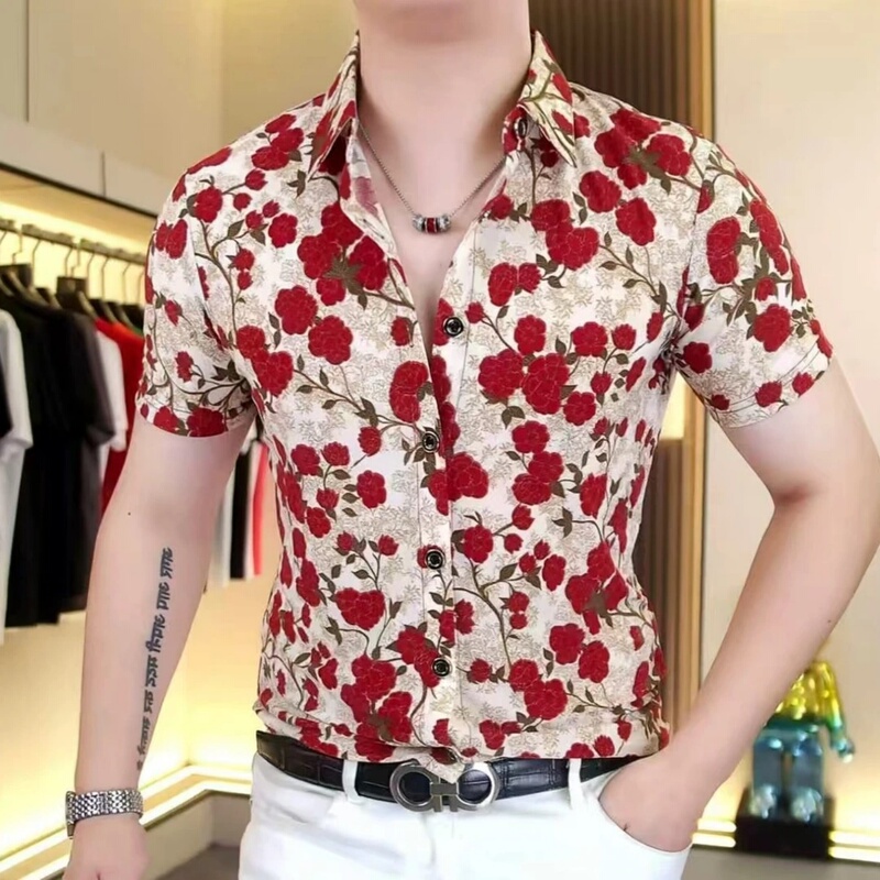 European Light Luxury Summer Men's Ice Silk Floral Print Short-Sleeved Shirt, Trendy, Fashionable, Versatile, Breathable Casual Top European Light Luxury Summer Men's Ice Silk Floral Print Short-Sleeved Shirt, Trendy, Fashionable, Versatile, Breathable Casual Top