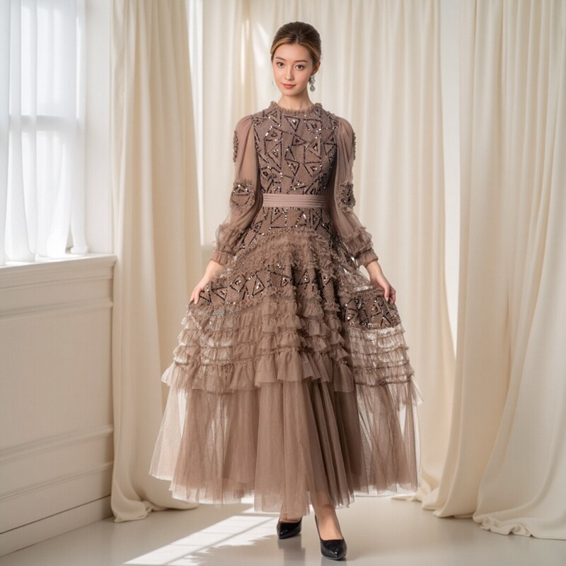 High-End Luxury Evening Banquet Dress 2025 Spring Women's Mesh Ruffle Embroidered Sequin Flared Dress