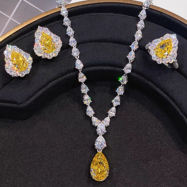 Cumee Light Luxury Resort Style Daily Wear Fashion Super Sparkling Water Drop Artificial Yellow Diamond Ring Necklace Set
