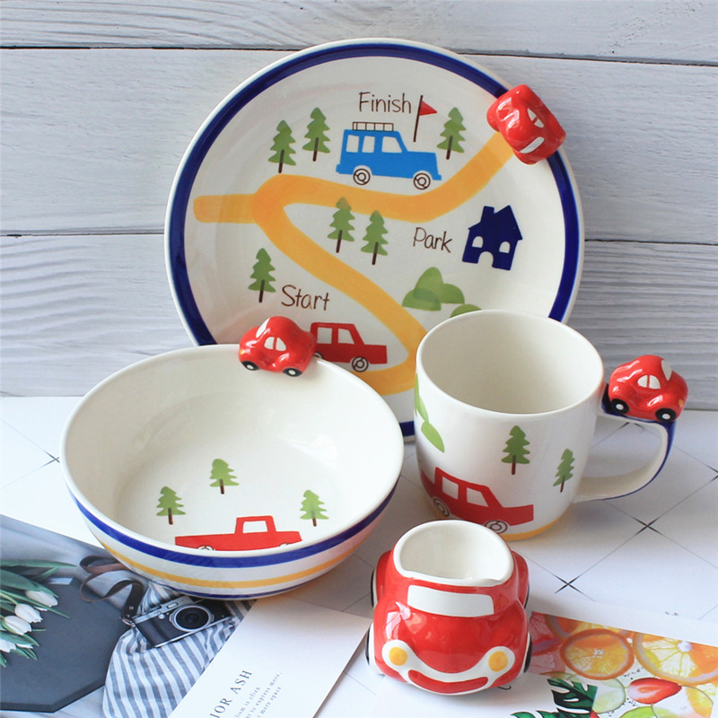 Cartoon Children's Ceramic Tableware Travel Car Rice Bowl Plate Water Cup Underglaze Color Creative Gift Box Imported from Thailand