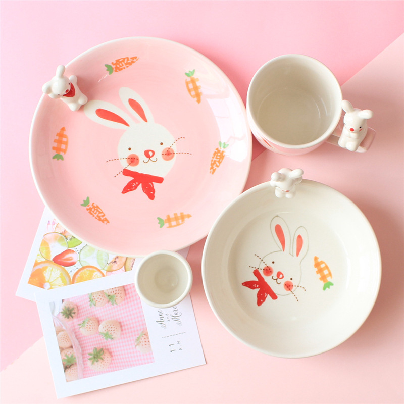 Cartoon Children's Ceramic Tableware Long-Eared Rabbit Cute Rice Bowl Plate Water Cup Underglaze Gift Box Imported from Thailand