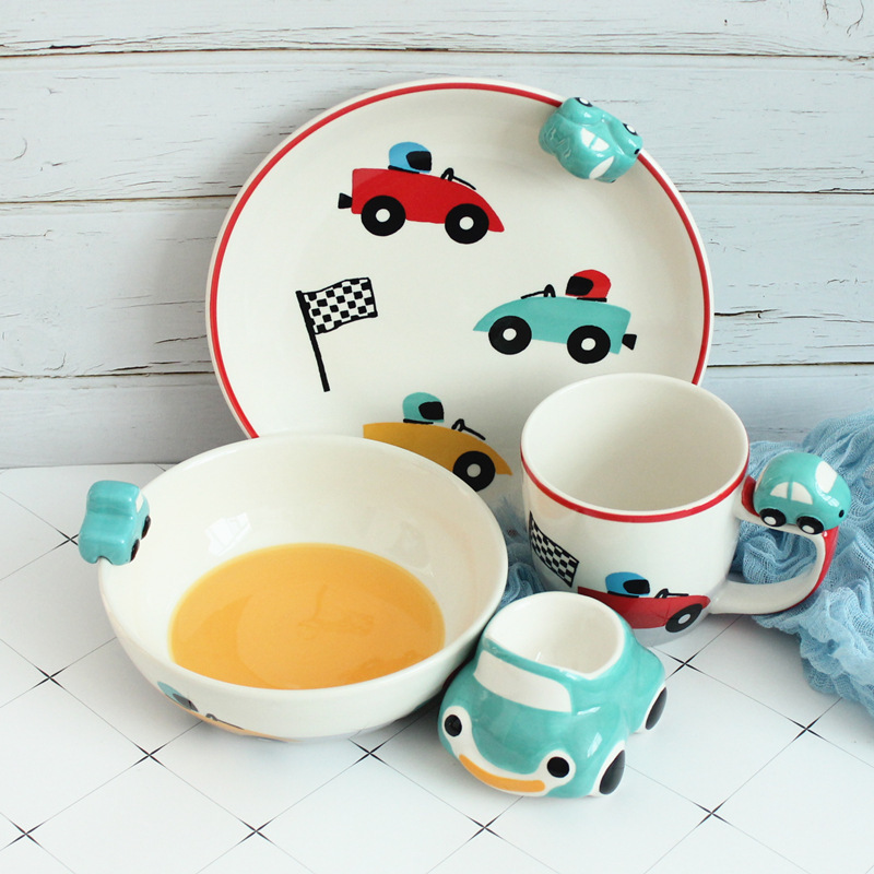 Cartoon Children's Ceramic Tableware Green Car Cute Plate Rice Bowl Water Cup Underglaze Gift Box Imported from Thailand
