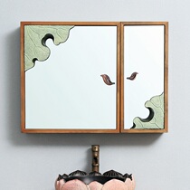 New Chinese bathroom mirror cabinet wall-mounted toilet sink solid wood storage mirror front Lotus cabinet