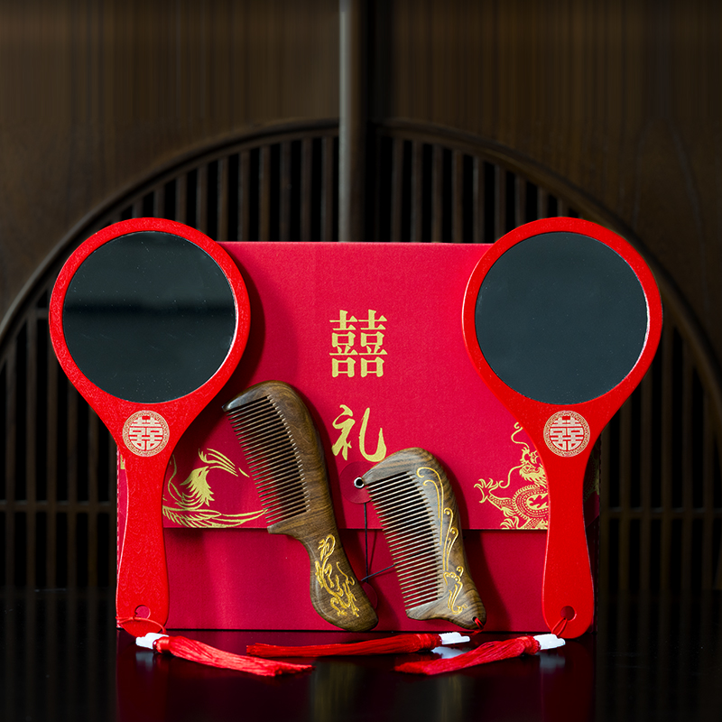 Marriage Mirror A pair of red Chinese wind brides with makeup mirror wedding products high-end dowry mirror
