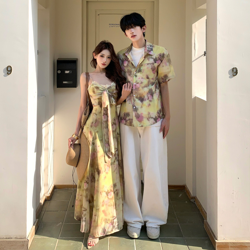 Couple Outfits for Summer Vacation, Beach Dresses, Island Dopamine, Unique Spaghetti Strap Tube Top Dress, Floral Men's Shirt