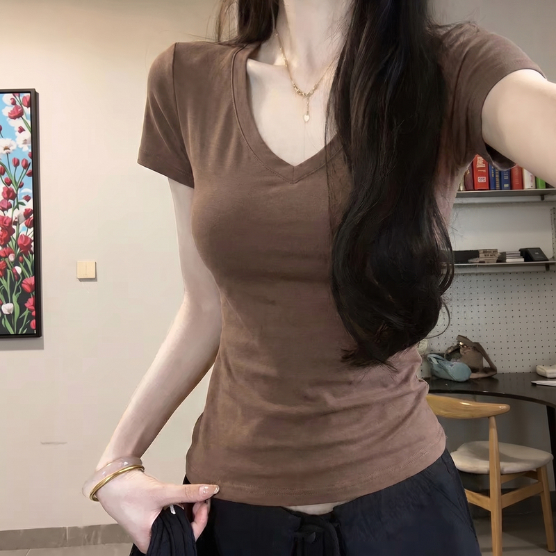 Brown Modal V-Neck Short-Sleeve T-Shirt for Women, Summer 2026 New Style, Ice Silk Slim Fit, Regular Shoulder, Slimming Half-Sleeve Top
