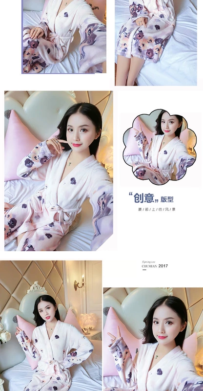 Áo ngủ nữ mùa thu và mùa đông san hô lông cừu dài tay lỏng lẻo kích thước lớn học sinh váy dài flannel bà bầu váy ngủ cộng với nhung dày đồ ngủ mùa đông nam nữ