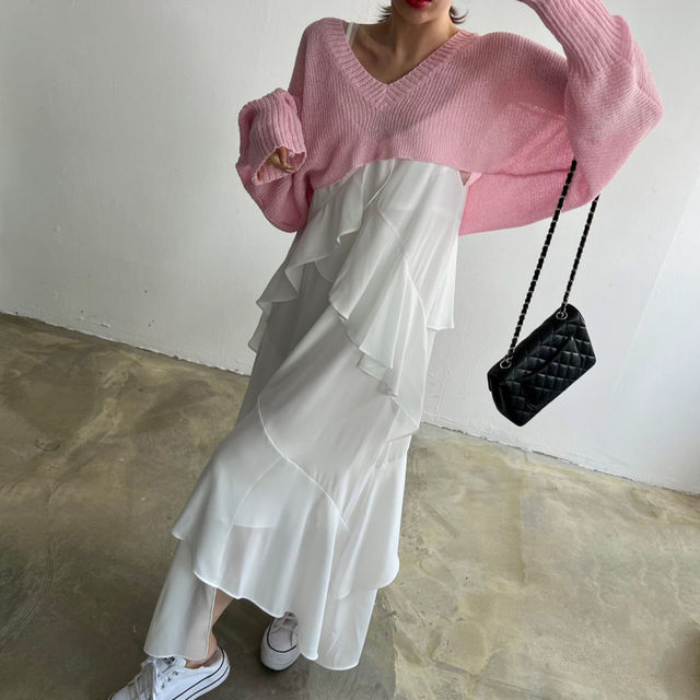 Ruffle stitching sling dress women Korean chic folds foreign style all-match drape irregular chiffon dress