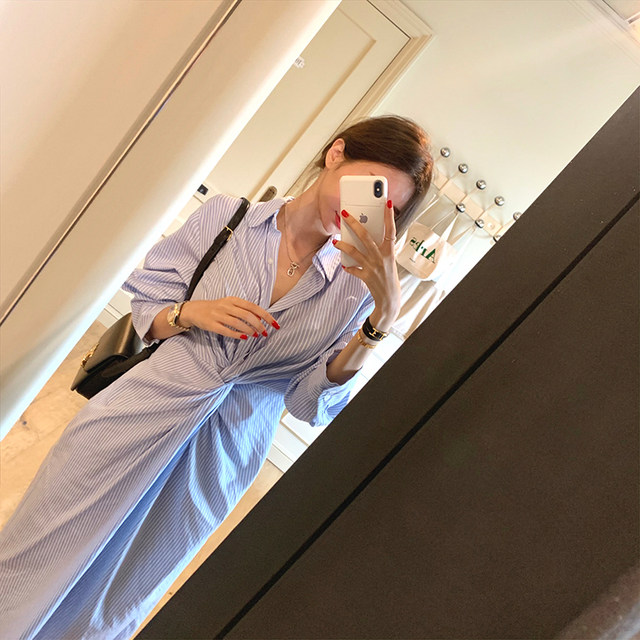 Korean chest pleats cross stripe dress women loose lapel waist temperament all-match slit shirt skirt trendy