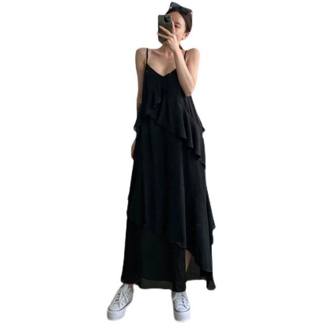 Ruffle stitching sling dress women Korean chic folds foreign style all-match drape irregular chiffon dress