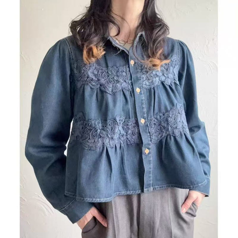 Lace Floral Embroidered Denim Shirt for Women, Korean Style, Turn-Down Collar, Washed, Loose, Short, Sweet, Age-Reducing, Puff Sleeve Top